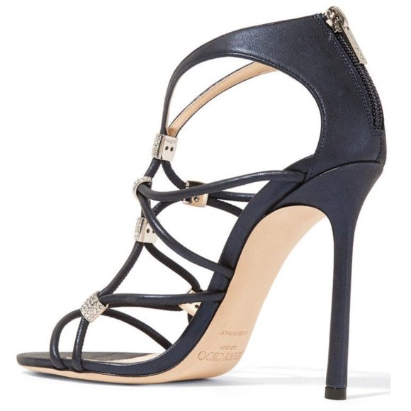 JIMMY CHOO Swarovski Crystal Embellished Sandals Navy High Heel Pump 37.5 Shoes - Picture 4 of 15